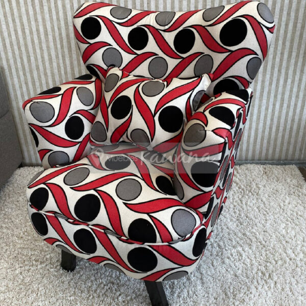 grey and red printed armchair with high backrest