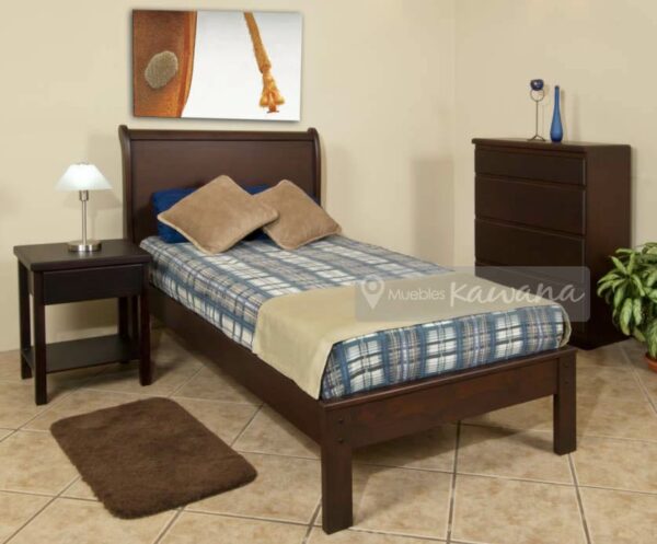 cama individual en madera pino con respaldo curvo