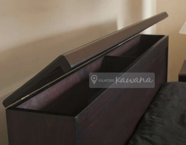 king size brown bed with open pine wood trundle in backrest