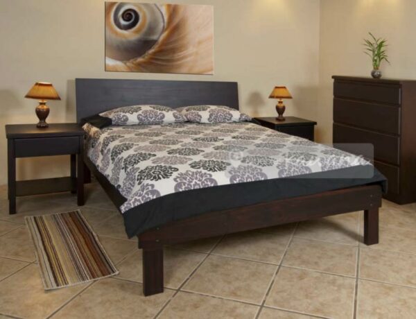 king size bed in pine wood with smooth brown backrest