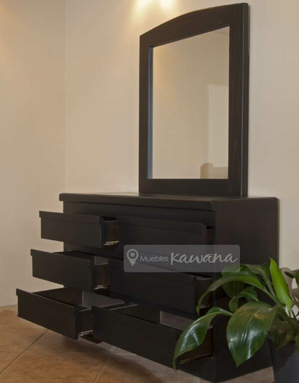 chest of drawers with mirror in brown pine wood, open side