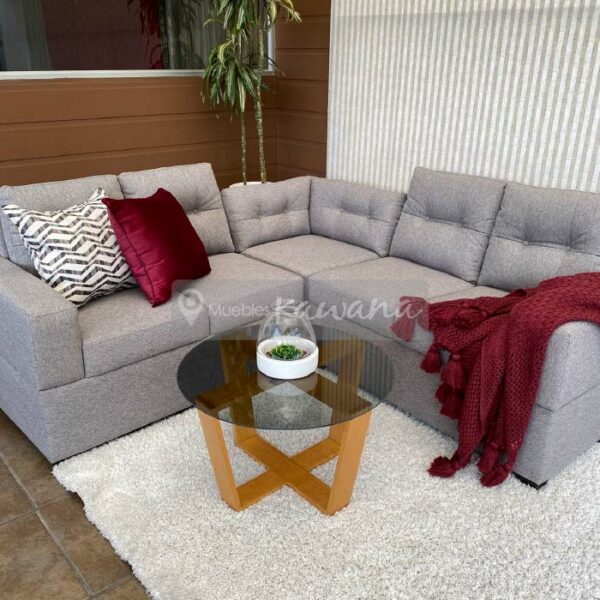 corner living room set in light grey linen