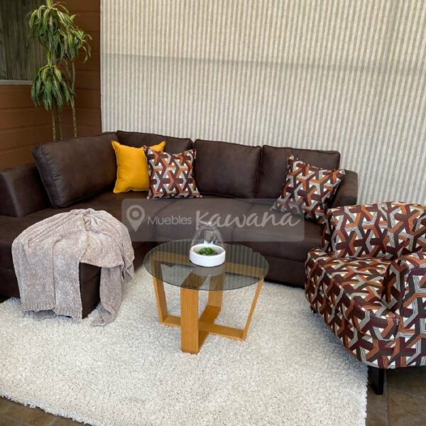 living room with sofa in brown micro leather