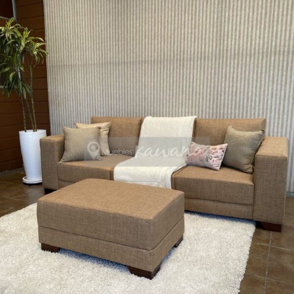 living room with ottoman in light brown linen
