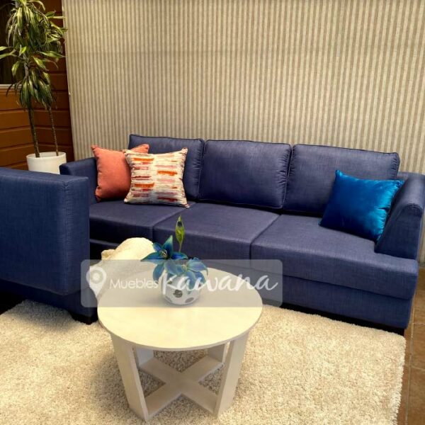 living room with mobile ottoman and blue microfibre trunk