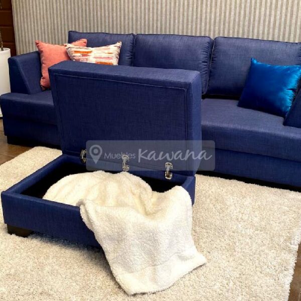 living room with mobile ottoman and blue microfibre open centre chest