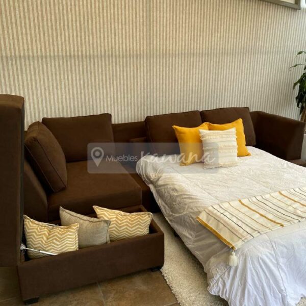 sofa cama con divan con baul en micro fibra cafe cerrado abierto decorado
