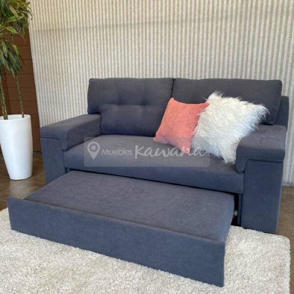 sofa bed with mobile ottoman and trunk in grey microfibre