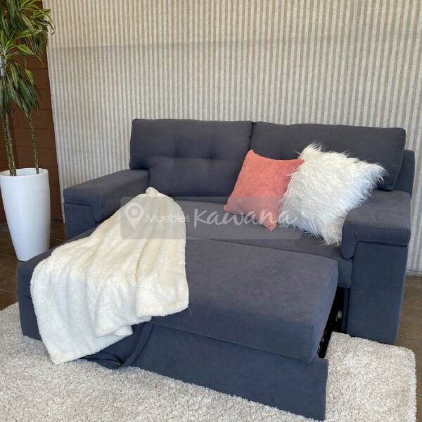 sofa bed with mobile ottoman and open grey microfibre trunk