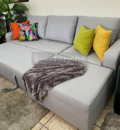 Sofa bed in grey linen with ottoman