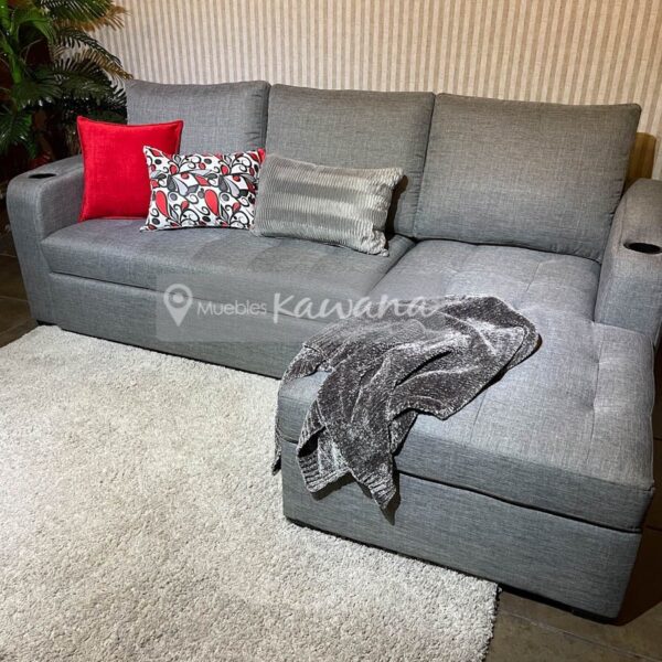 Grey sofa bed with cup holder