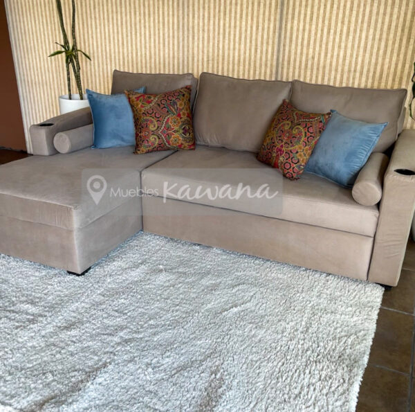 Beige sofa bed with cup holder