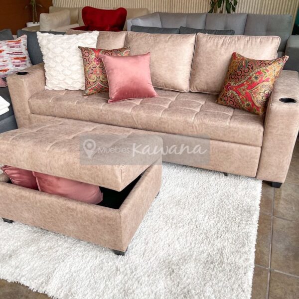 Sofa bed with cup holder and trunk ottoman in micro-leather