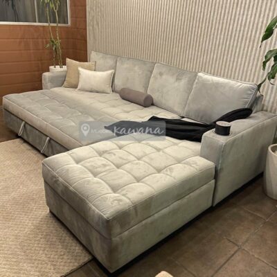 Extra large L-shaped sofa bed with wireless charger in grey velvet with extra soft seats 2,90m