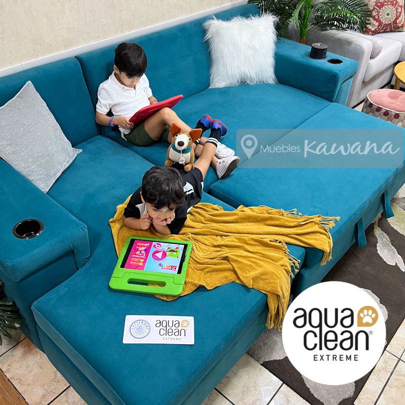 Pet Friendly Aquaclean Daytona 146 turquoise Pet Friendly L-shaped sofa bed  with gray wireless charger 2.6m - Muebles Kawana Costa Rica