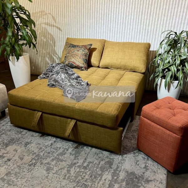 Retractable double sofa bed without armrests in mustard linen