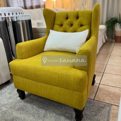 Armchair in mustard linen with wooden legs