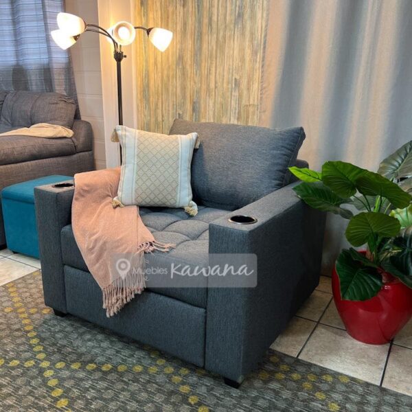 Retractable single sofa bed in gray linen with cup holder