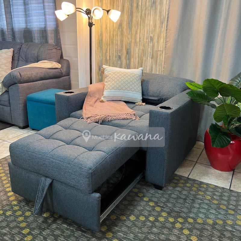 Sofa cama individual retráctil en lino gris personalizado con porta vasos  1,2m - Muebles Kawana Costa Rica