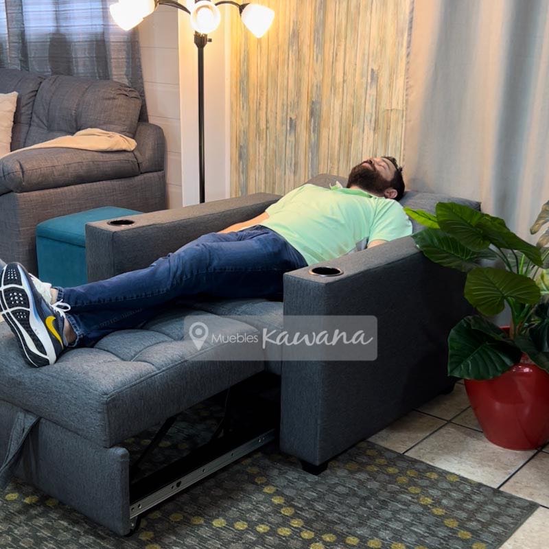 Sofa cama individual retráctil en lino gris personalizado con porta vasos 1,2m Muebles Kawana Costa Rica