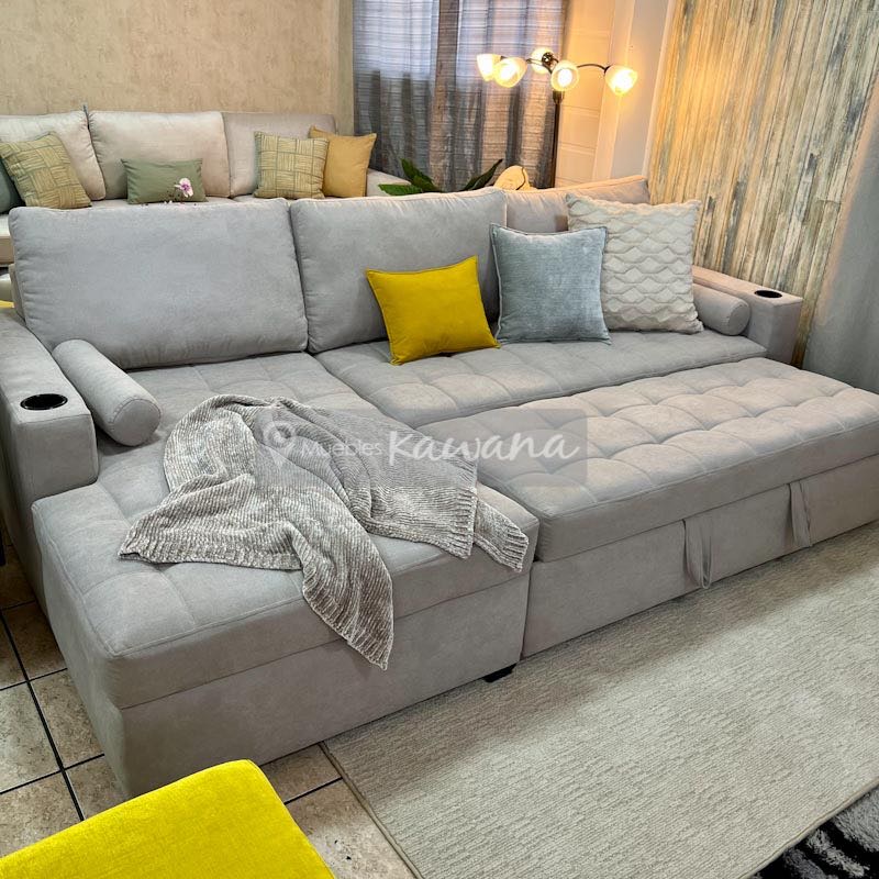 L-shaped double sofa bed with extra large trunk customized in light gray  linen 2,9m - Muebles Kawana Costa Rica