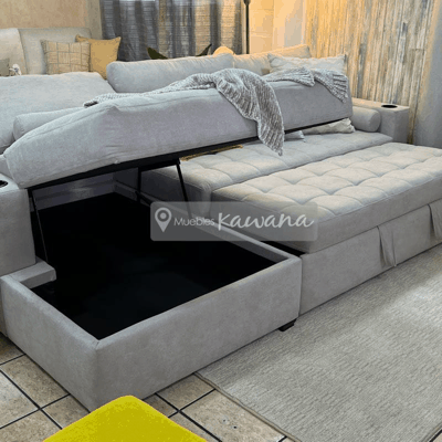 L-shaped double sofa bed with extra large chest in light gray linen 2,9m