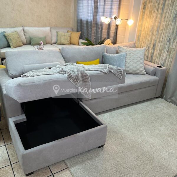 L-shaped double sofa bed with extra large chest in light gray linen 2,9m