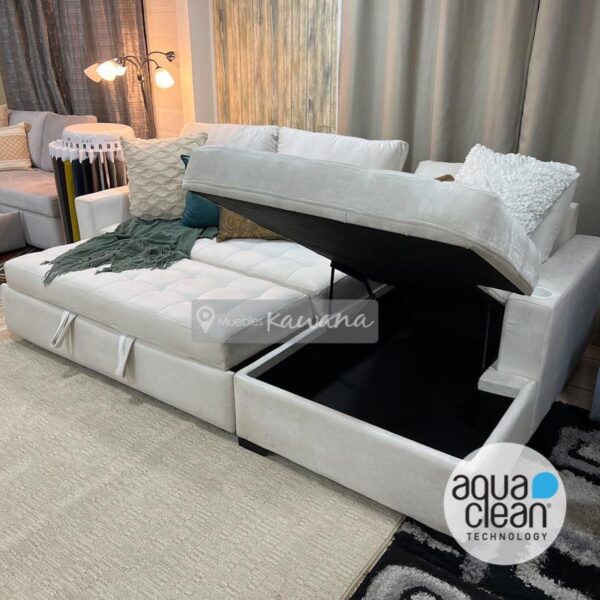 Sofa cama matrimonial en L con tecnología Aquaclean Spirit 100 con baúl y porta vasos blancos