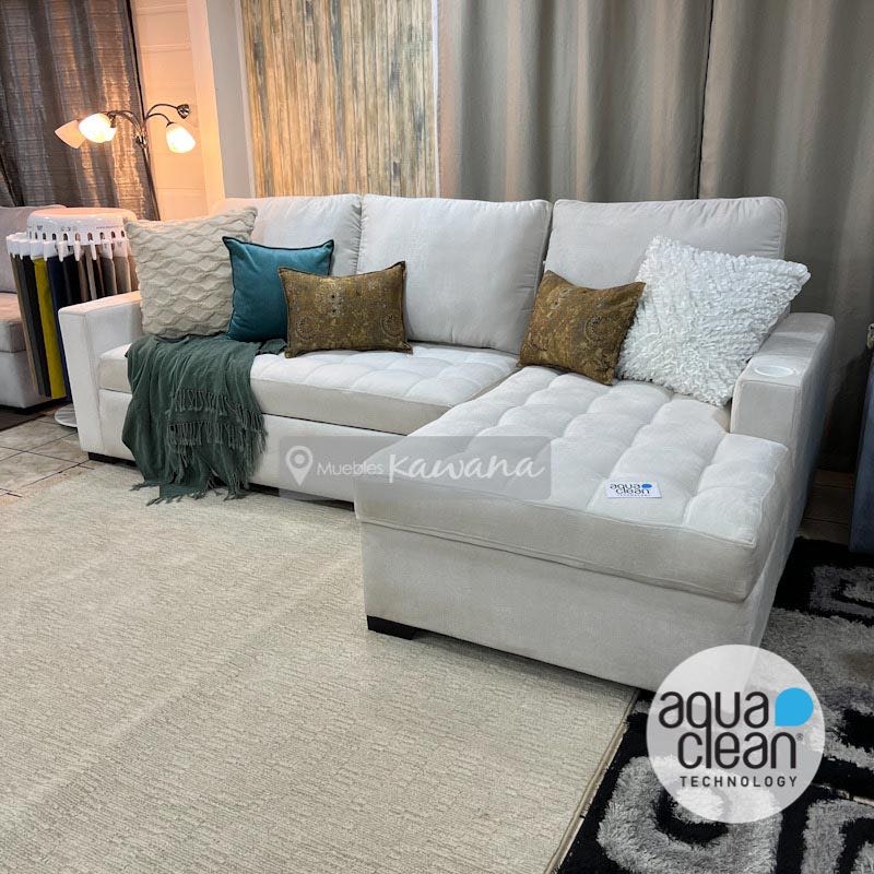Sofa cama matrimonial en L con tecnología Aquaclean Spirit 100 anti ácaros,  con bául y porta vasos blancos 2,6m - Muebles Kawana Costa Rica