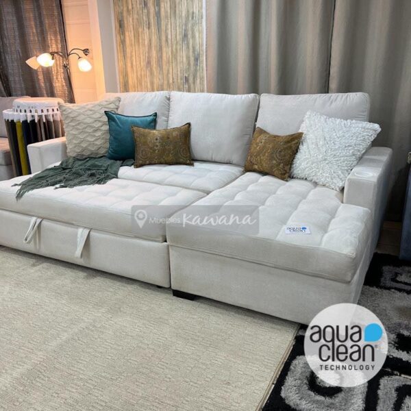 Sofa cama matrimonial en L con tecnología Aquaclean Spirit 100 con baúl y porta vasos blancos