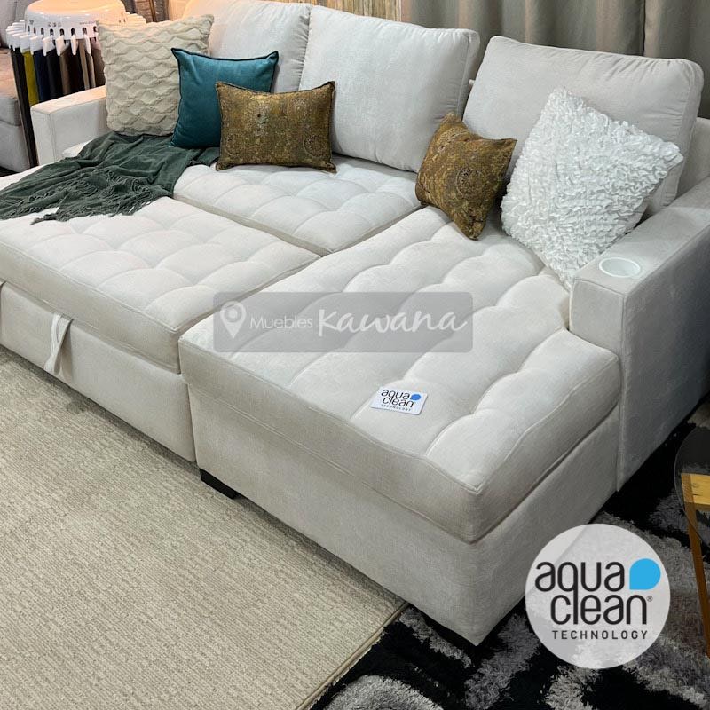 Sofa cama matrimonial en L con tecnología Aquaclean Spirit 100 anti ácaros,  con bául y porta vasos blancos 2,6m - Muebles Kawana Costa Rica