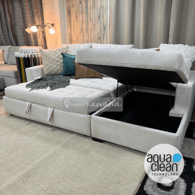 Sofá cama matrimonial en L Aquaclean Spirit 100 con porta vasos blancos