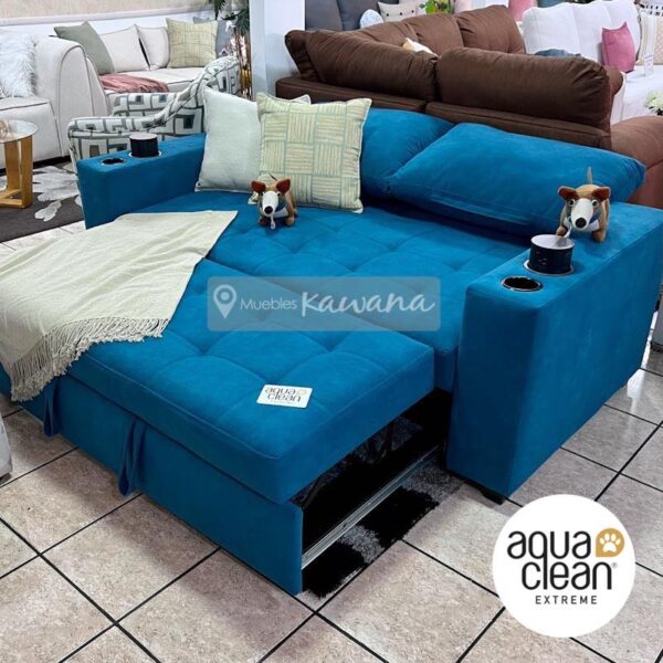 Sofa cama matrimonial retráctil pet friendly Aquaclean Daytona 146 turquesa con cargador inalámbrico gris
