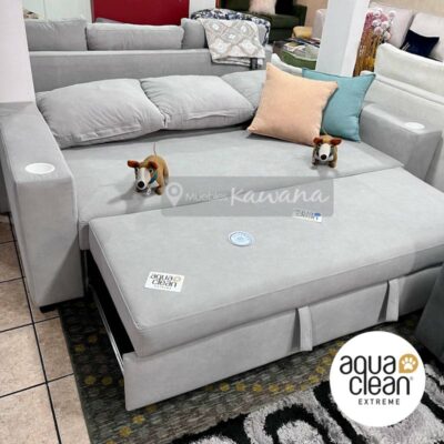 Aquaclean Daytona 76 light gray pet friendly queen retractable sofa bed with white cup holder