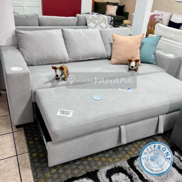 Aquaclean Daytona 76 light gray pet friendly queen retractable sofa bed with white cup holder