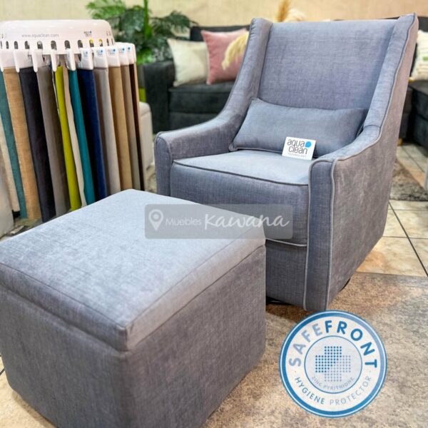 Swivel and rocking nursing chair with ottoman and trunk customized with Aquaclean Spirit 602 stain-free and antibacterial technology.