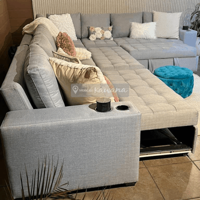 XL corner sofa bed for 8 people customized with 3 wireless chargers, trunk and glass holder in gray linen 4,4m