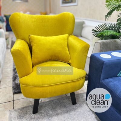 Mustard armchair with wooden legs for reading with Aquaclean Spirit 105 anti-stain fabric.