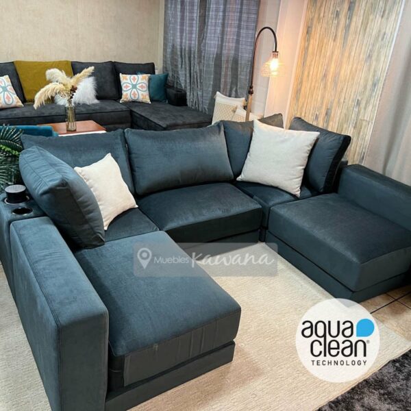 Cloud+ modular extra comfortable u-shaped sectional armchair with ottoman and Aquaclean Spirit 93 high traffic technology with wireless charger gray