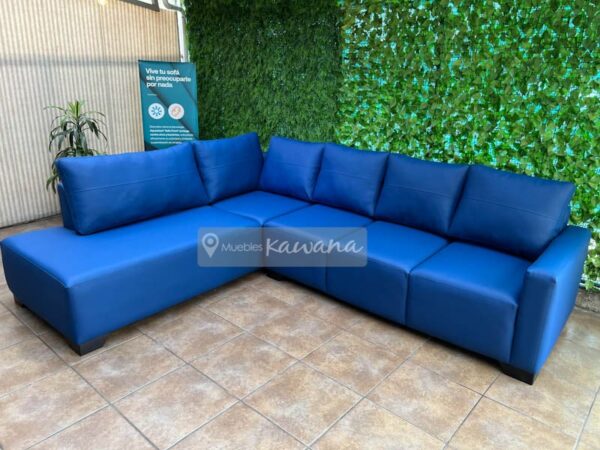 Sillón seccional azul con diván personalizado en vinilo alto tránsito impermeable extra confortable