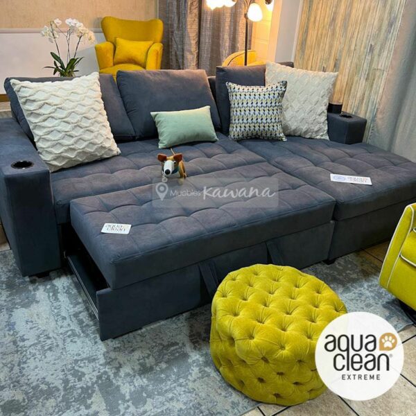 Customized triple full retractable L-shaped sofa bed in Aquaclean Daytona 110 gray with wireless charger 2.6m
