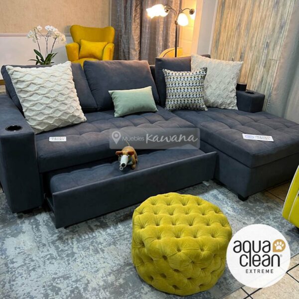 Customized triple full retractable L-shaped sofa bed in Aquaclean Daytona 110 gray with wireless charger 2.6m