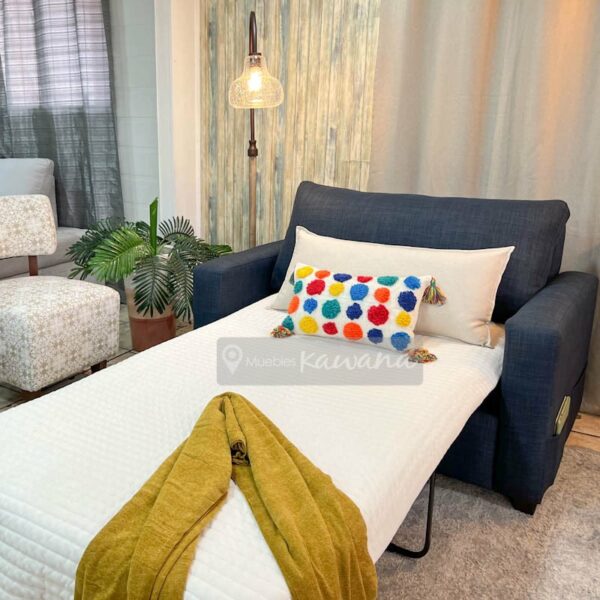 Sofá cama individual azul herraje americano con almacenamiento lateral 1,4m