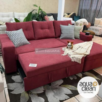 Cherry custom Cat Friendly Aquaclean Daytona 153 blackberry L-shaped double sofa bed with gray wireless charger