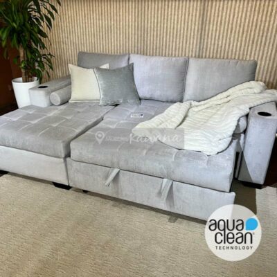 L-shaped double sofa bed with hypoallergenic anti-stain fabric Aquaclean Spirit 336 light gray 2.6m