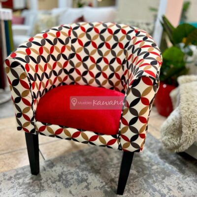 Red combined patterned chair with wooden legs