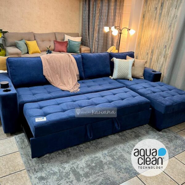 Sofá cama extra grande XL retráctil personalizado con tela Aquaclean Spirit 11 azul alto tránsito con cargador inalámbrico