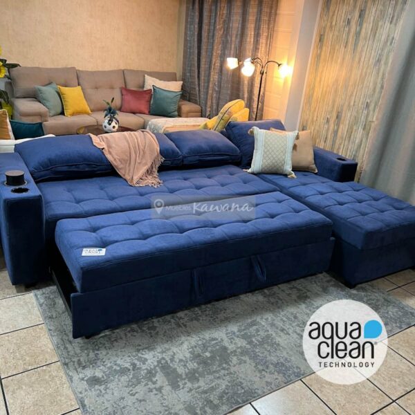 Sofá cama extra grande XL retráctil personalizado con tela Aquaclean Spirit 11 azul alto tránsito con cargador inalámbrico