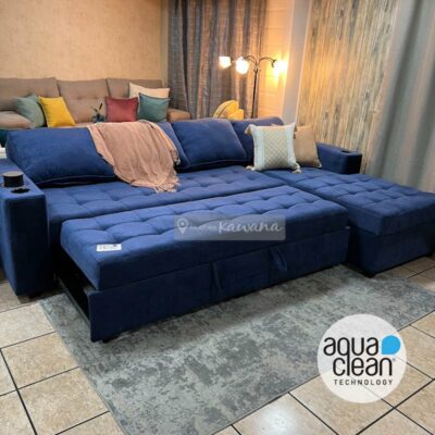 Extra large XL custom retractable sofa bed with Aquaclean Spirit 11 fabric blue high transit with wireless charger