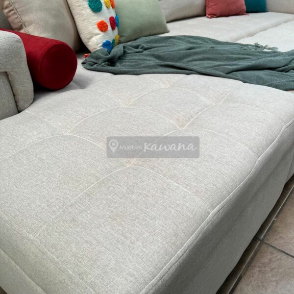 Sofá cama grande en L con cargador inalámbrico gris personalizado en lino beige con porta vasos 3,3m